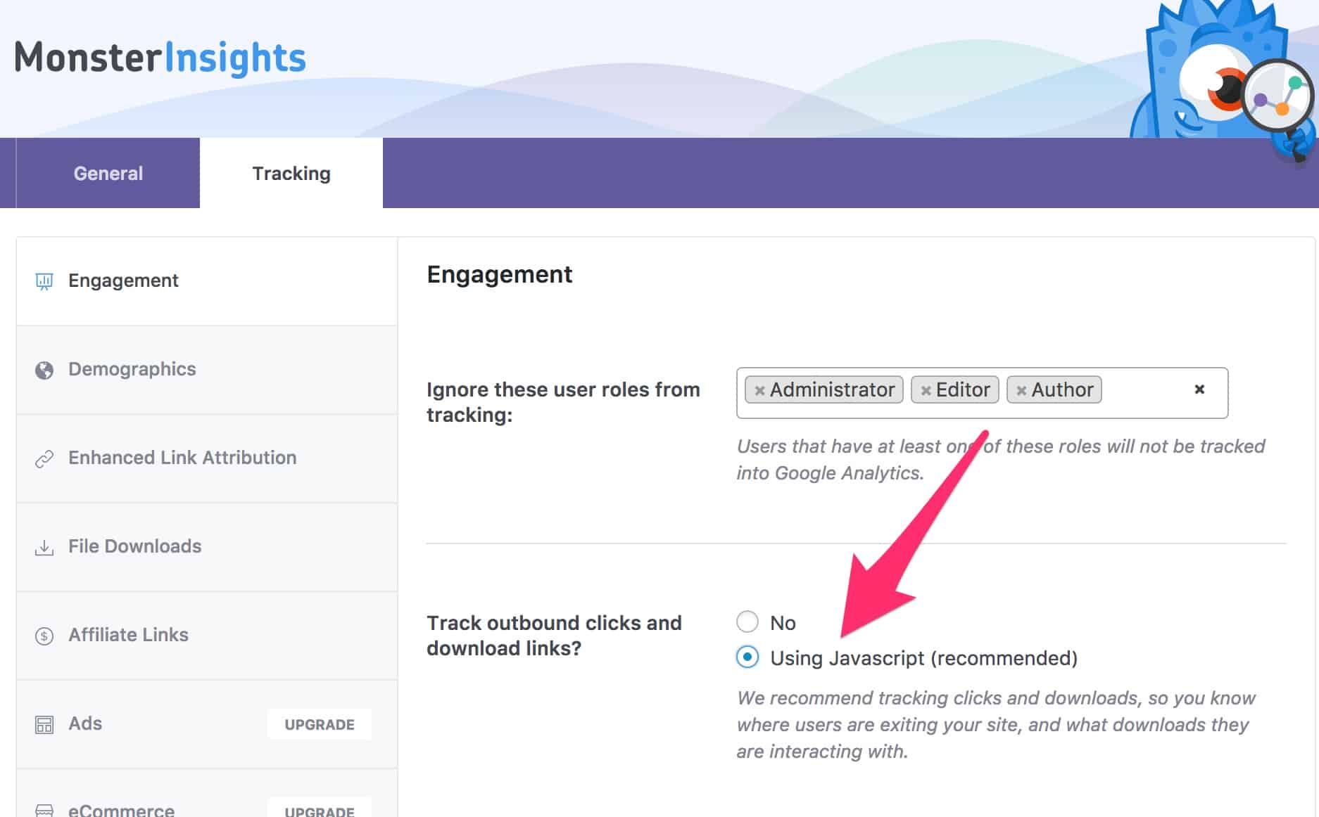 Monster Insights track outbound links